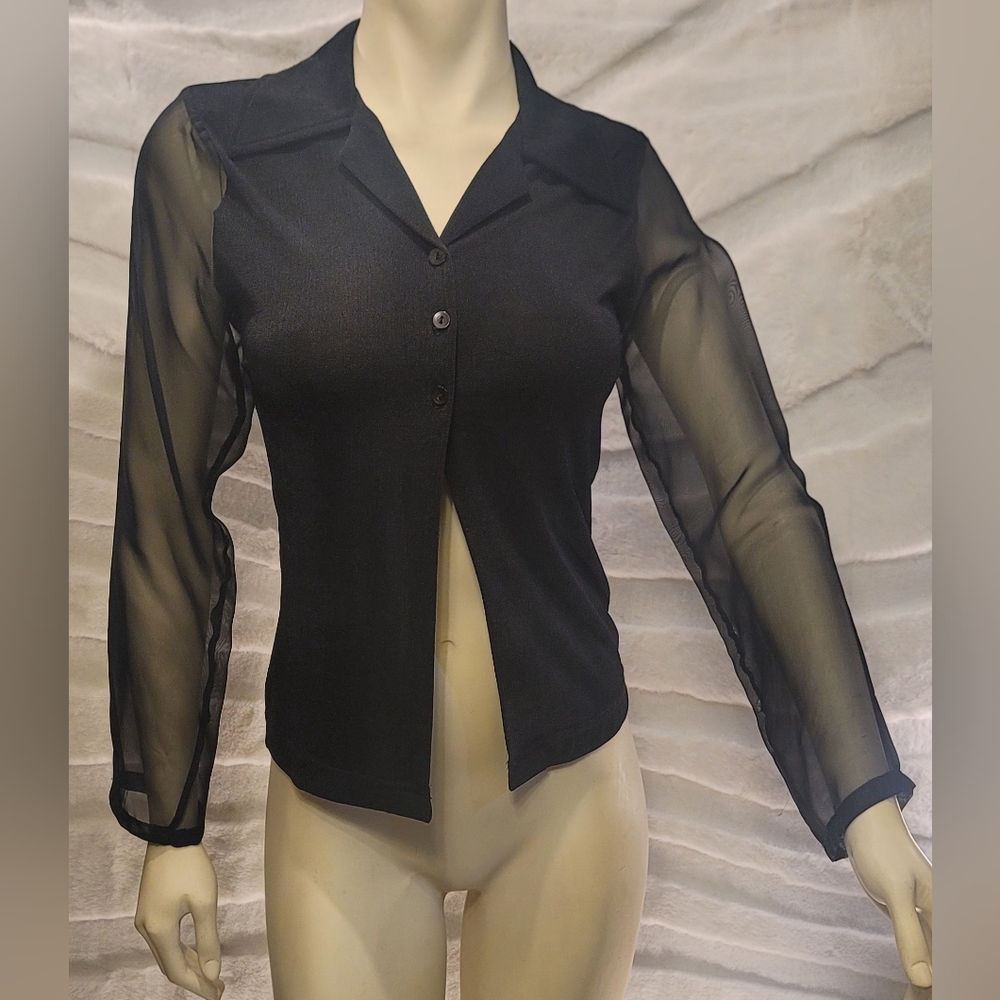 Vintage No Boundaries Black Long Sheer Sleeves Button Blouse Top Medium